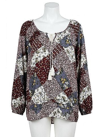 Kori America Patchwork Print Top in Burgundy (view 1)