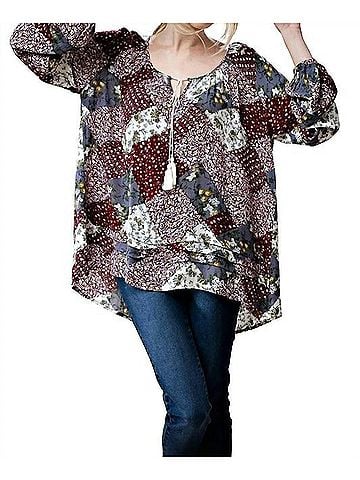 Kori America Patchwork Print Top in Burgundy (view 2)