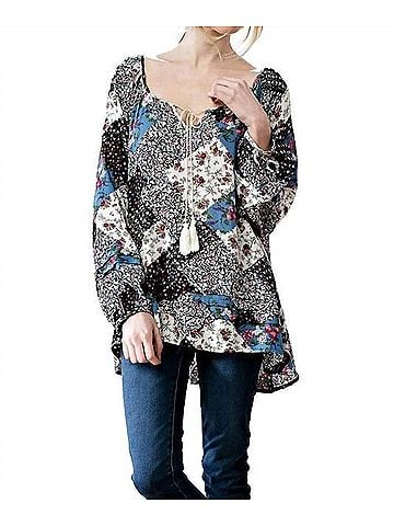 Kori America Patchwork Print Top in Navy (view 2)