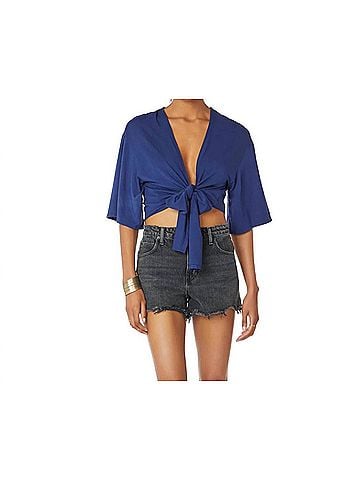 Bobi Jersey Kimono Wrap Tie Front Top in Ink (view 2)