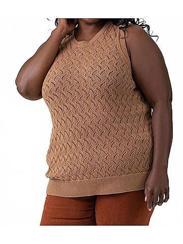 Minnie Rose Cotton Cashmere Pointelle Tank in Camel (view 2)