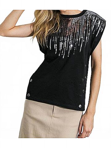 Flying Tomato Cotton Knit Silver Sequin Detail Top in Black (view 2)
