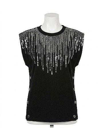 Flying Tomato Cotton Knit Silver Sequin Detail Top in Black (view 1)