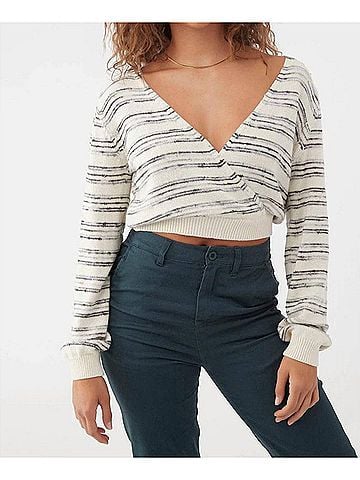 O'Neill Seaside Striped Cropped Wrap Sweater in Winter White (view 2)