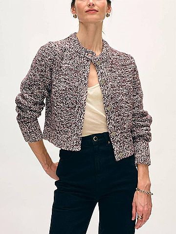 White + Warren Crewneck Button Cardigan in Dark Crimson Marl (view 2)