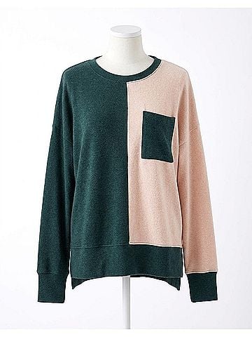 Gilli Brushed Color Block Top in Emerald Green/Cream (view 1)