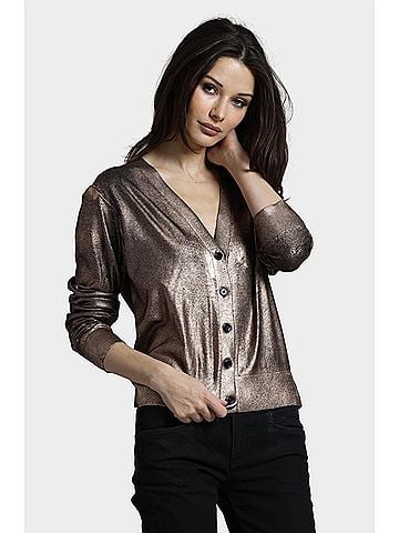 Minnie Rose Metallic Print Cardigan in Copper (view 2)