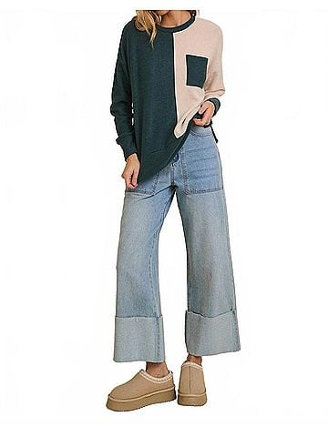 Gilli Brushed Color Block Top in Emerald Green/Cream (view 2)