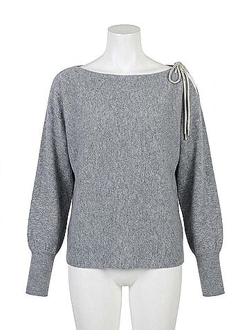 Milly Ida Crystal Bow Cold Shoulder Sweater in Grey (view 1)