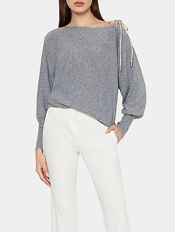 Milly Ida Crystal Bow Cold Shoulder Sweater in Grey (view 2)