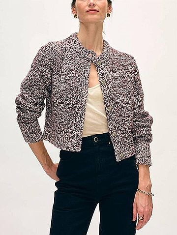 White + Warren Crewneck Button Cardigan in Dark Crimson Marl (view 2)