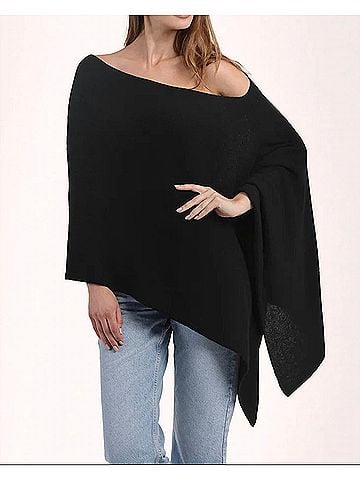 Minnie Rose Cashmere Ruana Poncho in Black (view 2)