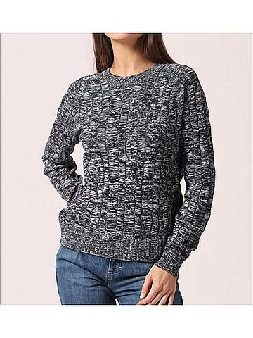 Minnie Rose Cotton Marled Cable Crew Top in Navy/White (view 2)