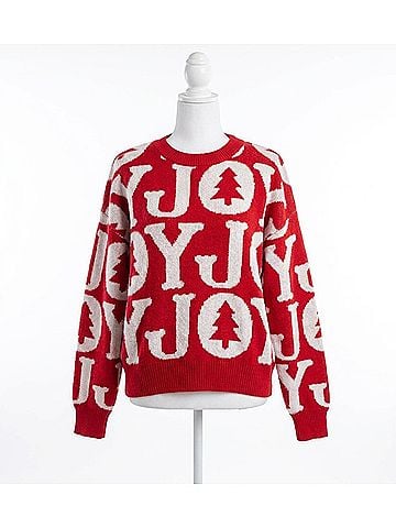 Peach Love Joy To The World Long Sleeve Holiday Sweater in Red (view 1)