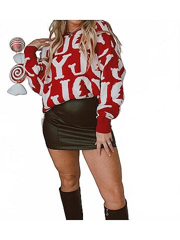 Peach Love Joy To The World Long Sleeve Holiday Sweater in Red (view 2)