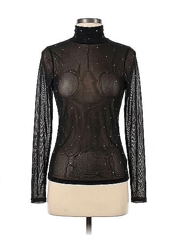Cinq à Sept Heatset Shirred Mesh Turtleneck Top in Black Silver (view 1)
