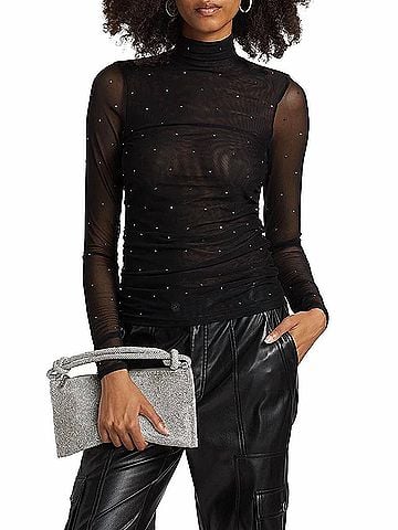 Cinq à Sept Heatset Shirred Mesh Turtleneck Top in Black Silver (view 2)