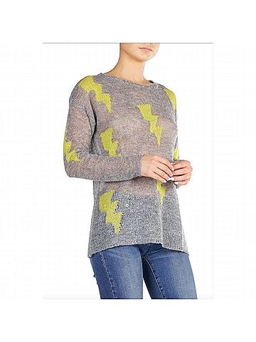 Elan Crew Neck Lightning Bolt Sweater in Grey/Lime (view 2)