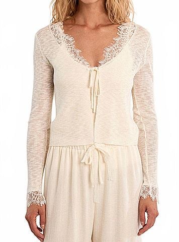 Molly Bracken Women's Front Tie Lace Cardigan in Off White (view 2)