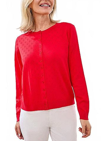 Tribal Heart Pointelle Knit Cardigan Sweater in Rouge (view 2)