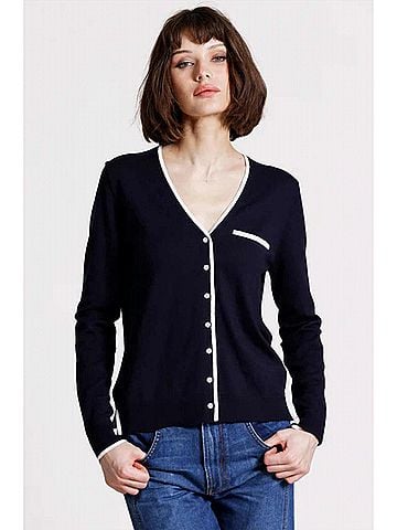 Minnie Rose V Neck Cardigan With Tipping in Navy/White (view 2)