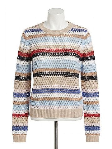 Minnie Rose Plaited Mesh Stripe Long Sleeve Crew Top in Multi (view 1)