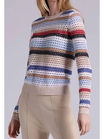 Minnie Rose Plaited Mesh Stripe Long Sleeve Crew Top in Multi (view 2)