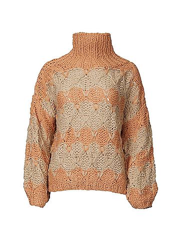 Pol Open-Knit Chunky Turtleneck Sweater in Beige Papaya Stripe (view 2)