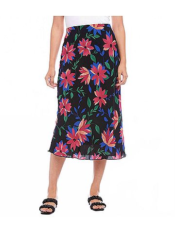Karen Kane Francesca Floral Print Bias Cut Midi Skirt in Black, Blue, Green, Pinks (view 2)