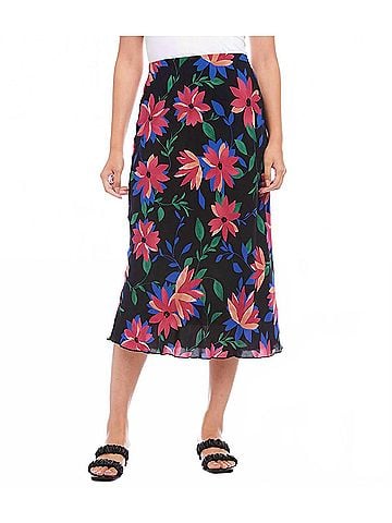 Karen Kane Francesca Floral Print Bias Cut Midi Skirt in Black, Blue, Green, Pinks (view 2)