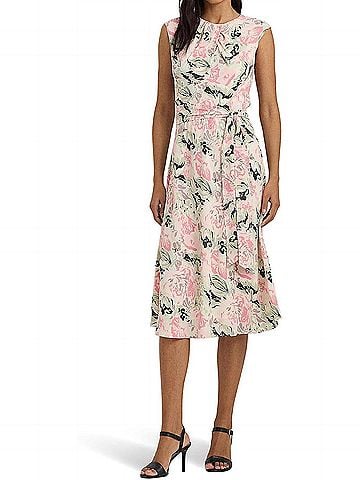 Ralph Lauren Floral Bubble Crepe Cap-Sleeve Dress in Pink (view 2)