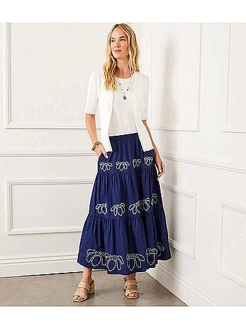 Karen Kane Evi Embroidered Tiered Skirt in Navy (view 2)
