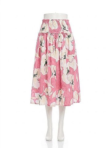 Fifteen Twenty Rhea Smocked Waist Skirt in Peony Pink With Cream/Off White Floral Print (view 1)