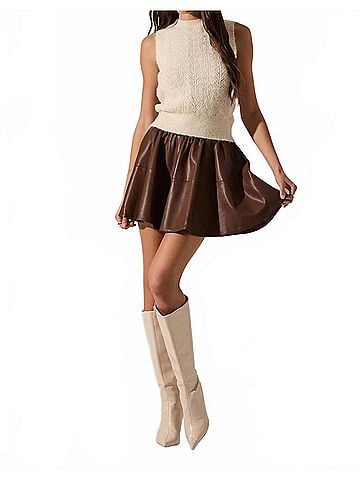 Astr Chelsey Flared Faux Leather Skirt in Brown (view 2)