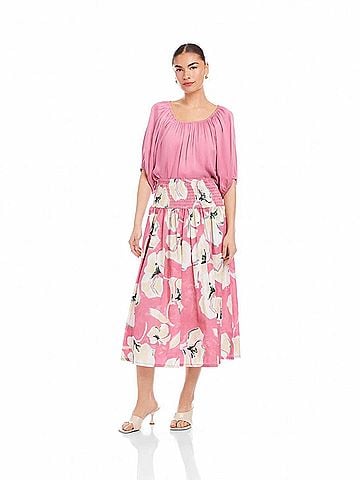 Fifteen Twenty Rhea Smocked Waist Skirt in Peony Pink With Cream/Off White Floral Print (view 2)