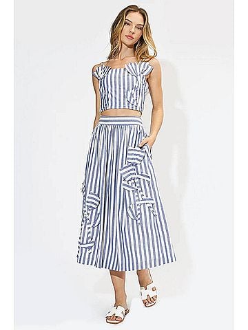 Adelyn Rae Everly Striped 3d Floral Detail Midi Skirt in Blue/White (view 2)