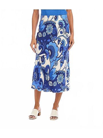 Karen Kane Bias Cut Midi Skirt in Print Blue (view 2)