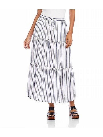 Karen Kane Stripe Tiered Midi Skirt - Petite Petite in Off White With Blue (view 2)