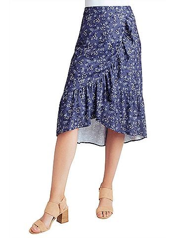 Kensie Ruffle Hem Faux Wrap Midi Skirt in Nostalgic Blooms (view 2)