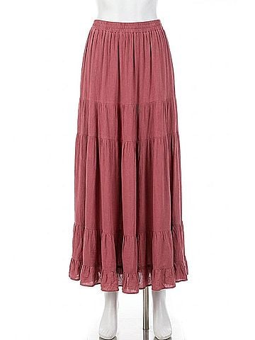 Mittoshop Tiered Flowy Elastic Waist Lined Maxi Skirt in Marsala (view 1)