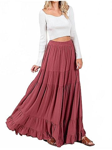 Mittoshop Tiered Flowy Elastic Waist Lined Maxi Skirt in Marsala (view 2)