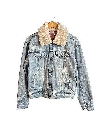 Free People Sherpa Blanket Plaid Lined Denim Trucker Jacket Denim Jacket (view 1)