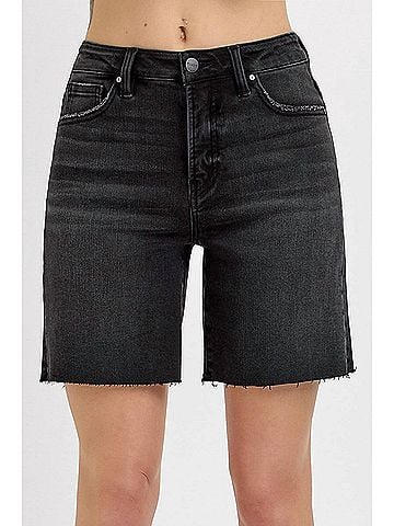Risen Tummy Control High Rise Mid Length Raw Cut Hem Shorts - Plus in Black (view 2)