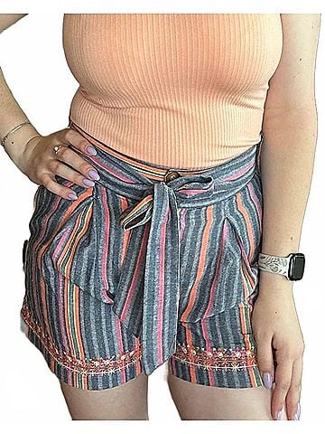 THML Striped Embroidered Shorts in Pink/Orange/Green/Grey (view 2)