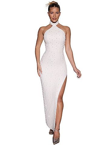 Oh Polly Embellished High Neck Split Maxi Dress Cocktail Dress (view 1)