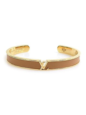 Louis Vuitton Louis Vuitton LOUIS VUITTON Bangle Bracelet LV Initials Metal Leather Gold Beige Women's M1741M e62051i (view 1)