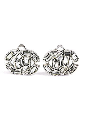 Chanel Chanel earrings, Coco Mark design, metal, rhinestone, silver, women's, e62059i (view 1)