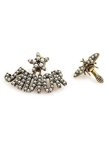 Christian Dior Christian Dior JA DIOR Bee Earrings, Metal, Faux Pearl, Gold, White, Women's, e62053i (view 1)