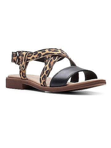 Clarks Women's Declan Spring Sandal in Black Leather/ Tan Leopard Combi (view 1)