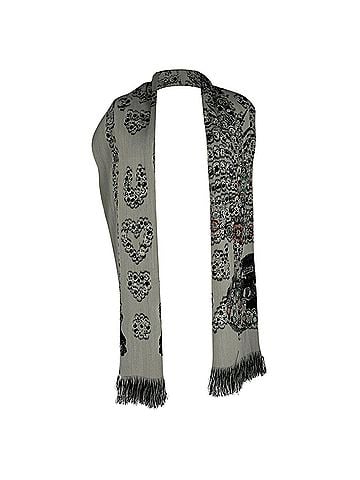 Alexander McQueen Alexander Mcqueen Printed Fringed Scarf in Grey Wool (view 2)